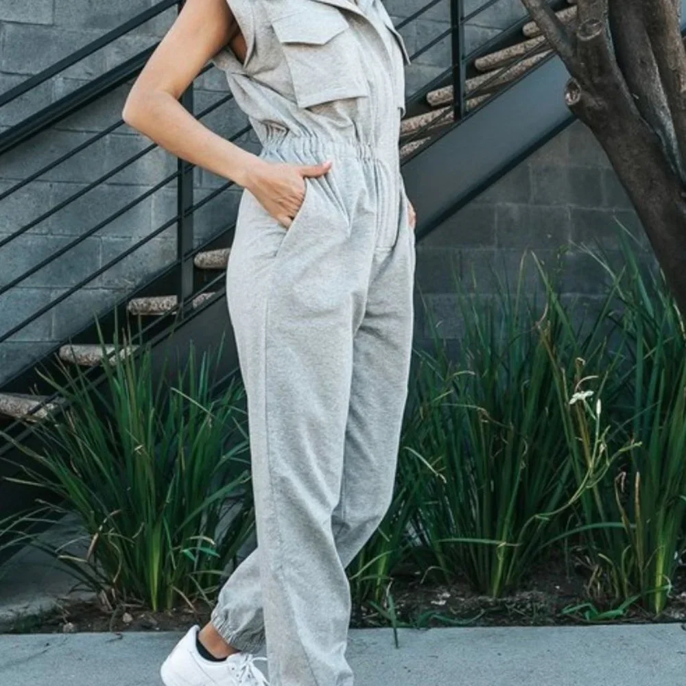 Women's Heather Grey One-Piece – Cinched Waist Jumpsuit with Folded Sleeves - Picture 2 of 9